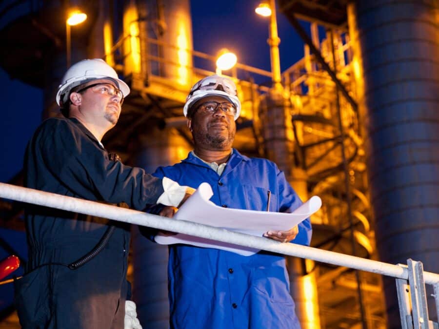Two engineers in hard hats and protective clothing review blueprints at an industrial facility, typical of the Chemicals and Process industry, with large metal structures and bright lights in the background.