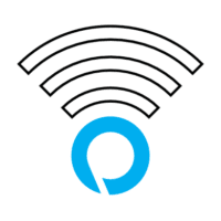 A stylized blue circular shape with an open gap, below three black curved lines representing a wireless signal.