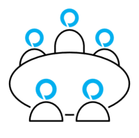 Simple line drawing of five figures sitting around a round table, each with a blue circular icon above their heads.