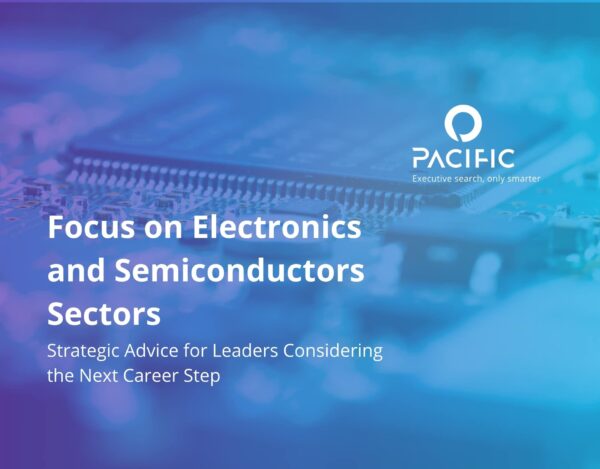 A blurred close-up of a semiconductor chip, overlaid with the Pacific logo and text about career advice in electronics and semiconductor sectors.