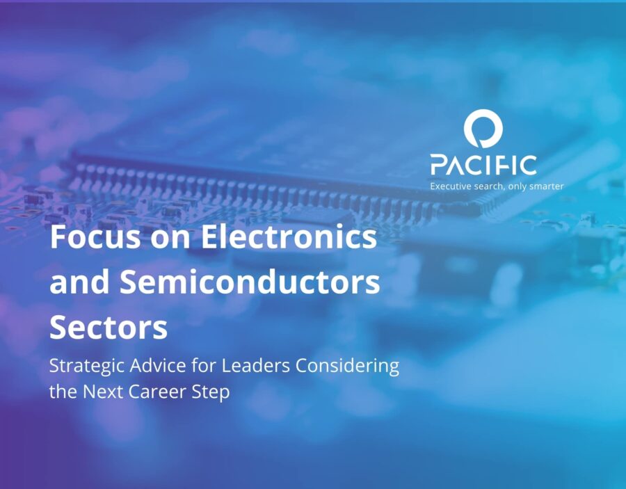 A blurred close-up of a semiconductor chip, overlaid with the Pacific logo and text about career advice in electronics and semiconductor sectors.