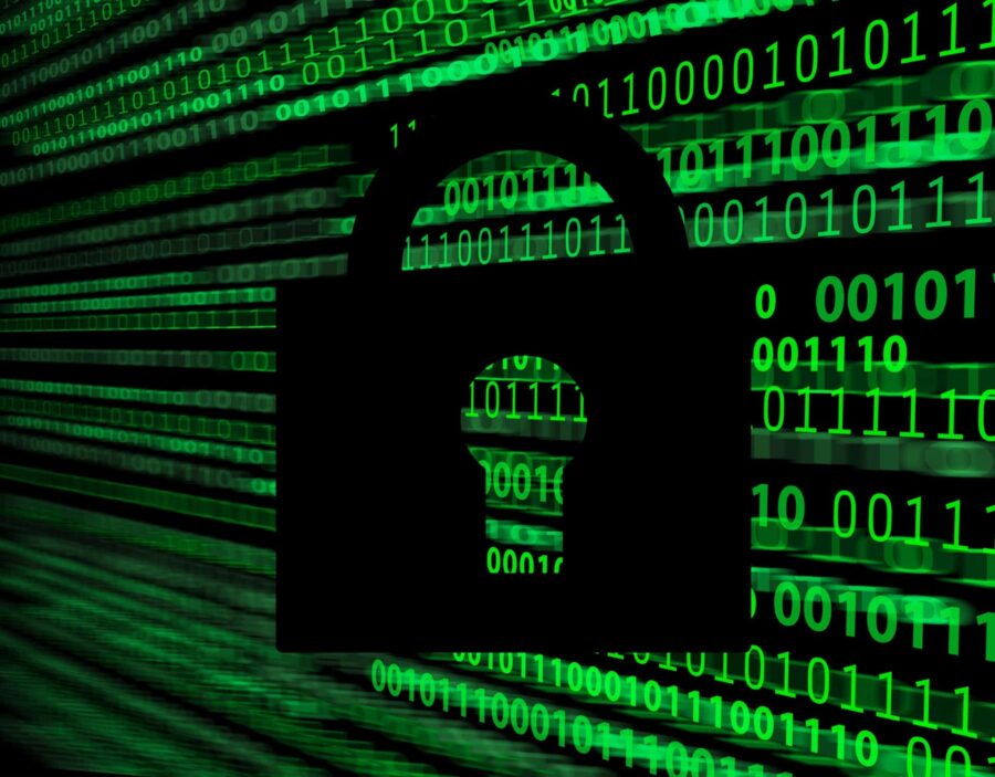 A black padlock silhouette overlays green binary code on a screen, symbolising digital security or data encryption.