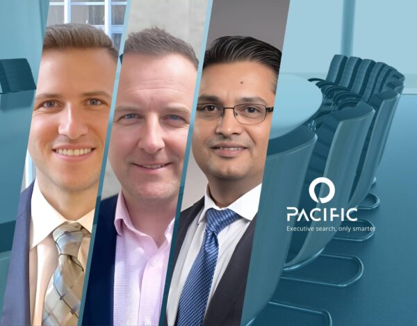 Three professionally dressed men are shown in split panels overlaid on images of modern conference rooms, with the Pacific executive search logo and slogan displayed.