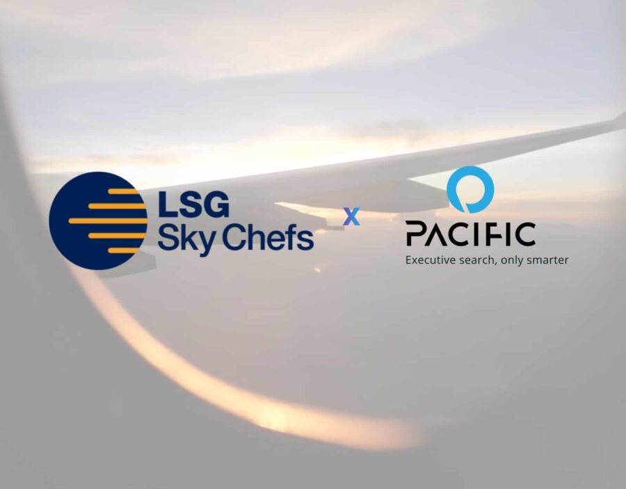 View from an aeroplane window with LSG Sky Chefs and Pacific logos overlaid, highlighting their exclusive partnership and collaboration.