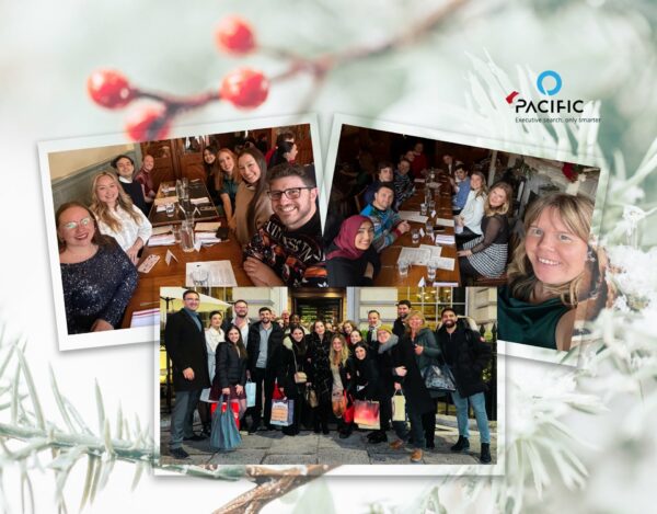 Collage of groups of people smiling at tables and standing outdoors, with a festive, wintry background and the Pacific logo in the top right corner—celebrating Sustainable Success together.