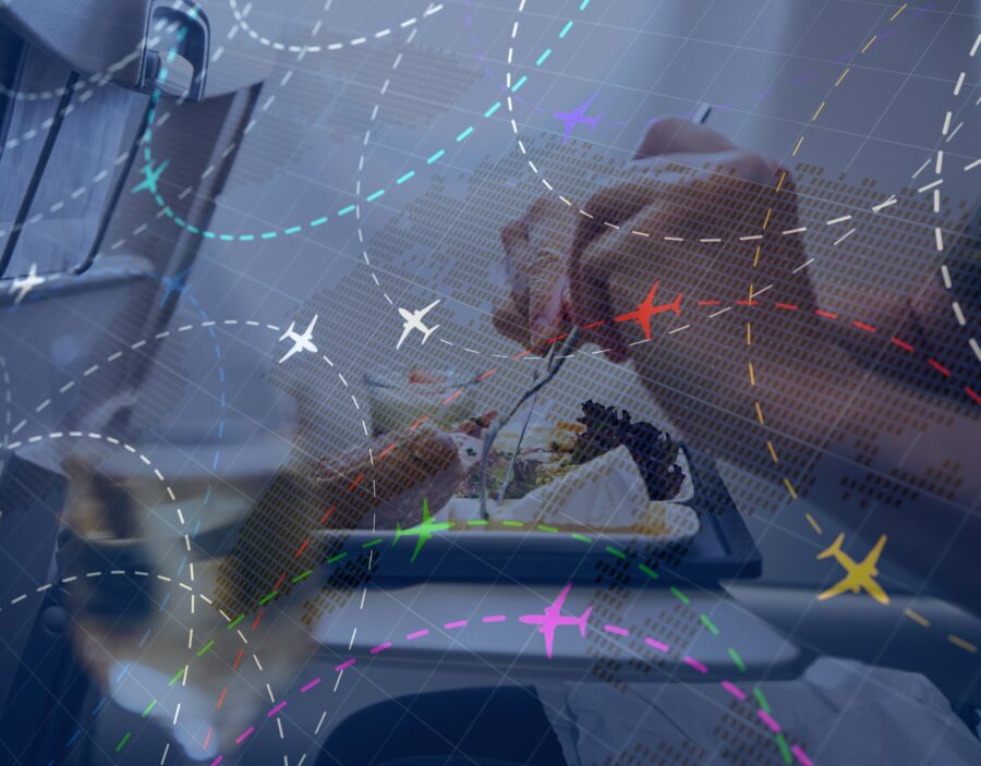 Passenger eating a meal on an aeroplane seat tray, overlaid with illustrated flight paths and aeroplane icons on a stylised map background.