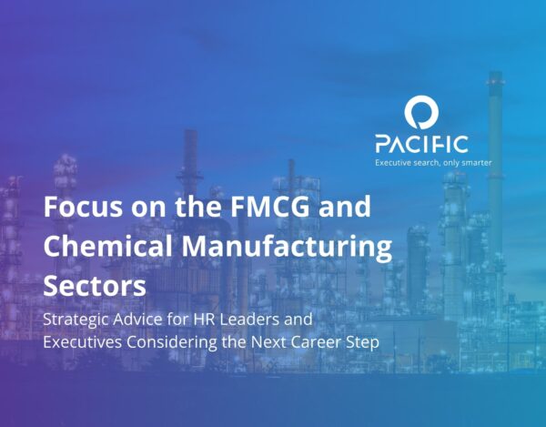 A promotional graphic for Pacific, featuring text about focusing on FMCG and chemical manufacturing sectors, with industrial plant imagery in the background.