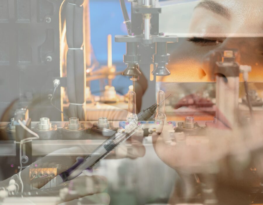 A syringe and automated machinery overlaid with a close-up of a woman's face, suggesting medical or cosmetic technology and injection procedures.