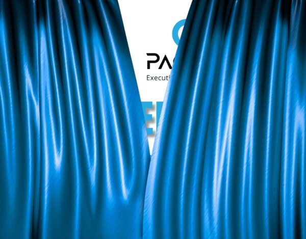 Blue curtains are parting to reveal a partially visible logo and text on a white background.