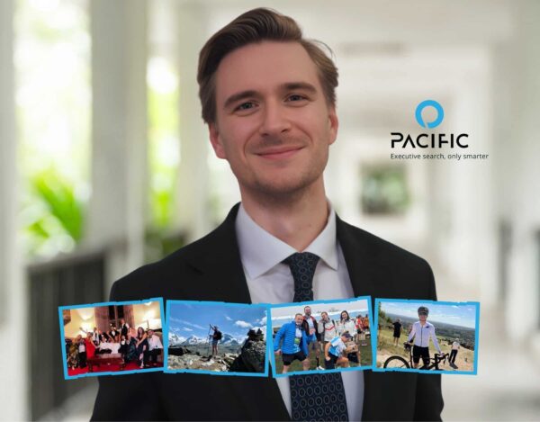 A professional man in a suit and tie, overlaid with the Pacific Executive search logo and four photographs showing groups and individuals taking part in outdoor activities.