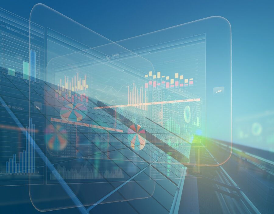 A transparent tablet screen showing financial data and charts reviewed by a CTO, overlaid on an image of solar panels.